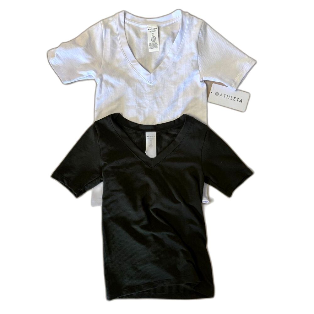 Athleta Renew V-Neck Tee Bundle 2 Pieces White + Olive Green Women’s XXS New